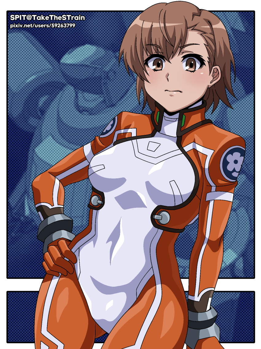 1girl ass_visible_through_thighs bodysuit breasts brown_eyes brown_hair commentary_request cosplay cowboy_shot hand_on_own_hip highres katase_shima katase_shima_(cosplay) korean_commentary looking_at_viewer mecha medium_breasts misaka_mikoto orange_bodysuit pilot_suit robot science_fiction short_hair skin_tight solo spit_(takethestrain) toaru_kagaku_no_railgun toaru_majutsu_no_index uchuu_no_stellvia web_address