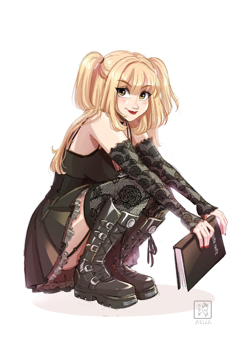1girl amane_misa artist_logo artist_name bare_shoulders black_footwear black_shirt black_skirt blonde_hair blush book boots breasts choker cross-laced_footwear death_note detached_sleeves dress garter_straps gloves goth_fashion hair_between_eyes highres holding holding_book lace lace-trimmed_sleeves lace-trimmed_thighhighs lace-up_boots lace_trim large_breasts lips lipstick long_hair looking_at_viewer makeup miadresden nail_polish pleated_skirt red_nails shirt simple_background skirt sleeveless sleeveless_shirt smile solo squatting thighhighs thighs twintails white_background yellow_eyes