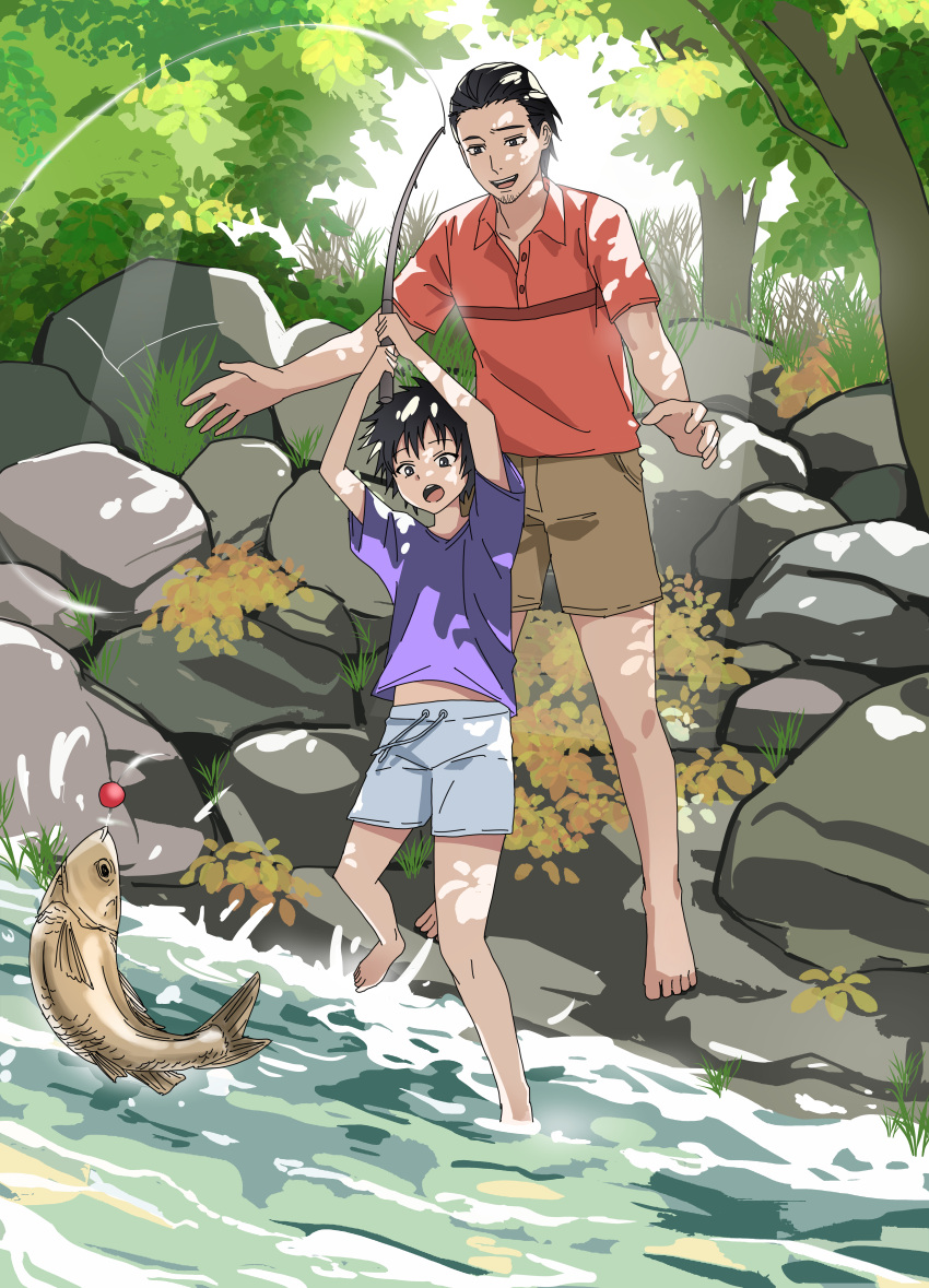 2boys :d absurdres aged_down arms_up barefoot black_eyes black_hair blue_shorts brown_shorts cerovein child collared_shirt father_and_son fish fishing fishing_rod highres holding holding_fishing_rod kamijou_touma kamijou_touya male_focus midriff_peek multiple_boys orange_shirt outdoors purple_shirt rock shirt short_hair short_sleeves shorts smile spiked_hair standing t-shirt teeth toaru_majutsu_no_index toes tongue tree upper_teeth_only wading