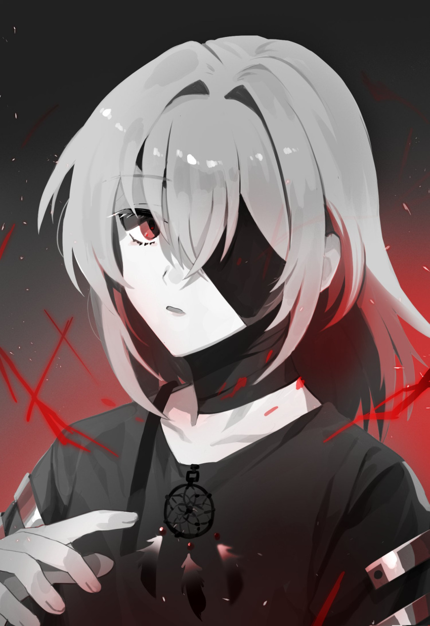 1girl bandaged_neck bandages black_bandages black_shirt commentary dream_catcher english_commentary eyepatch grey_background hecate_(path_to_nowhere) highres long_hair looking_at_viewer one_eye_covered parted_lips path_to_nowhere red_eyes sappazell shirt solo upper_body