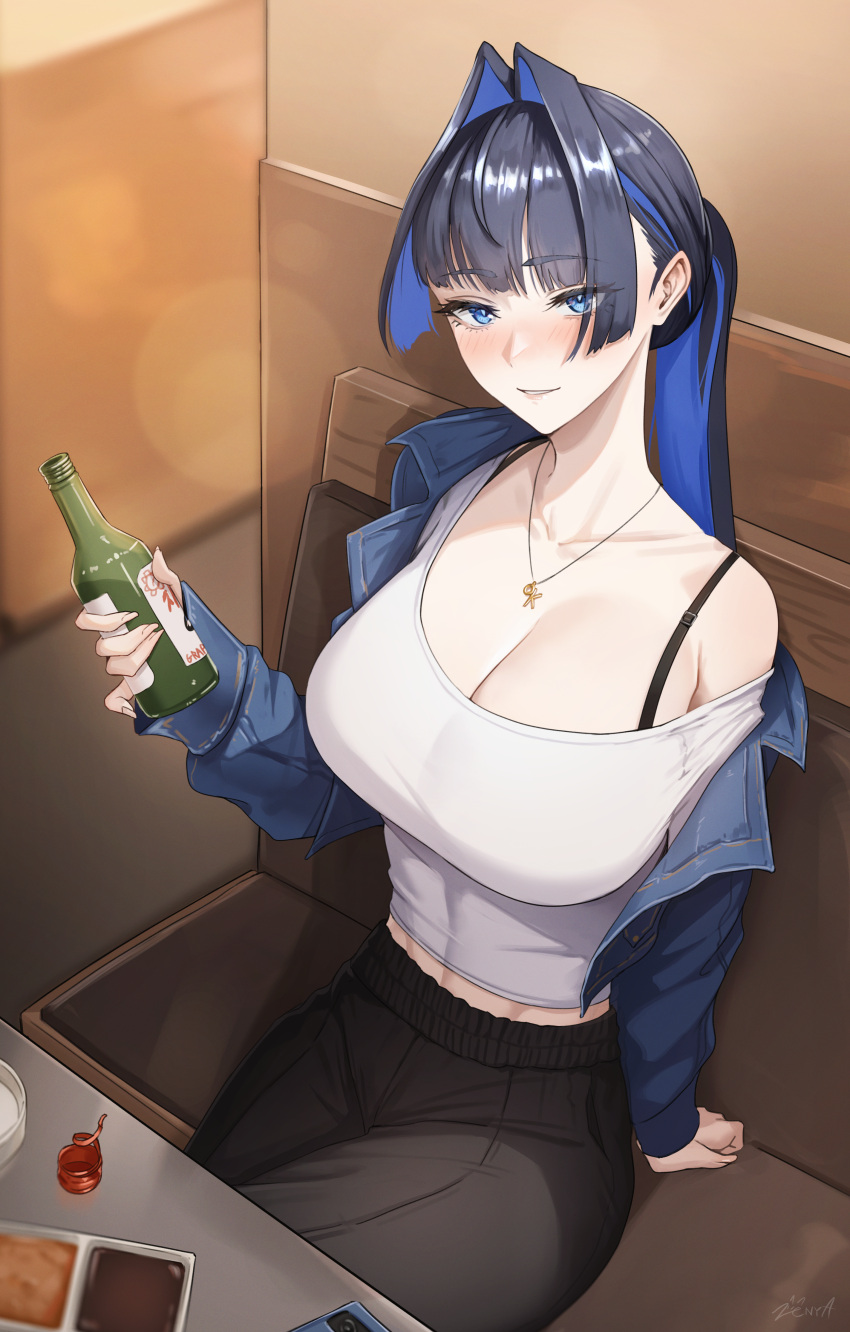 1girl absurdres adapted_costume beer_bottle black_hair blue_eyes blue_hair blunt_bangs booth_seating bottle breasts collarbone colored_inner_hair commentary_request denim denim_jacket hair_intakes highres holding holding_bottle hololive hololive_english indoors jacket jewelry large_breasts long_hair looking_at_viewer multicolored_hair necklace off_shoulder official_alternate_costume ouro_kronii ouro_kronii_(casual) parted_lips ponytail shirt sitting smile solo virtual_youtuber white_shirt zenya