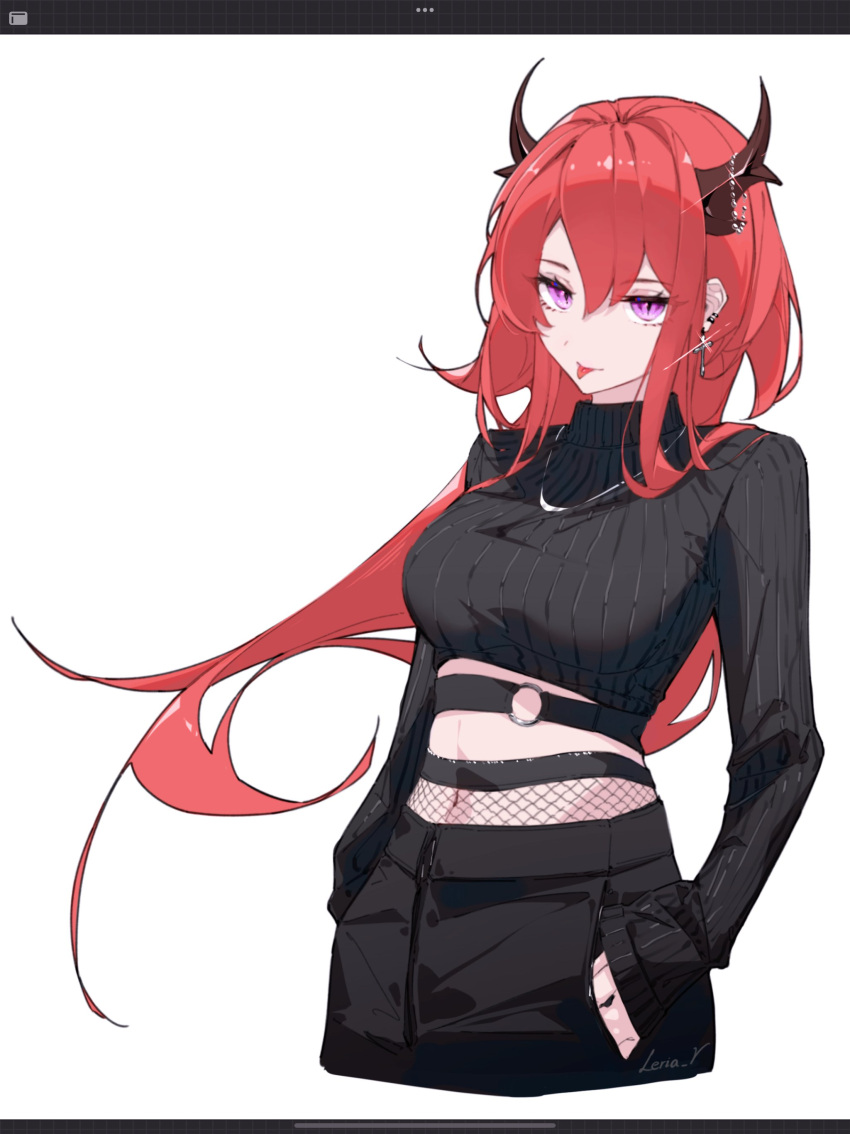 1girl :p absurdres arknights belt breasts crop_top cropped_jacket hair_between_eyes hands_in_pockets highres horns jewelry large_breasts leria_v long_hair midriff navel red_hair solo surtr_(arknights) tongue tongue_out