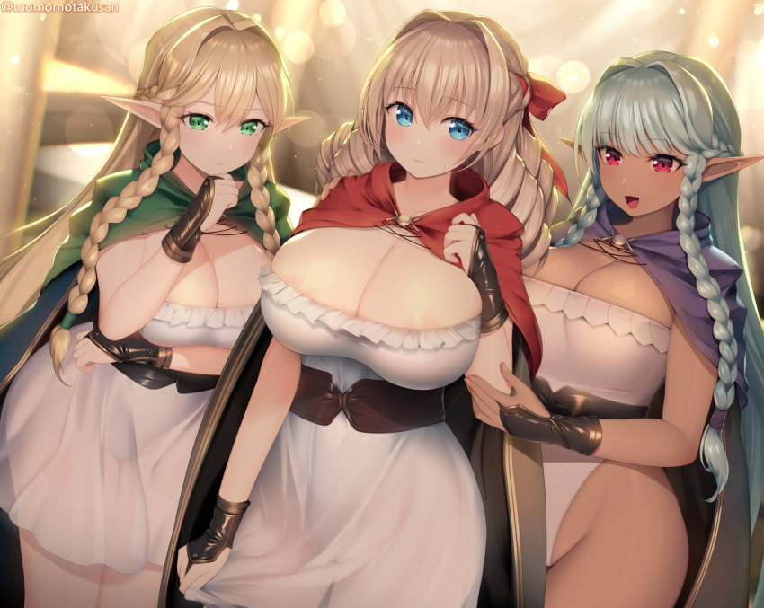 aqua_hair areola_slip blonde_hair blue_eyes blush braid braided_sidelock breasts cleavage cloak dark-skinned_female dark_elf dark_skin dress drill_hair elf eltolinde_(unicorn_overlord) green_cloak green_eyes hair_intakes hair_ribbon highres kashiwamochi_yomogi large_breasts leotard long_hair pointy_ears purple_cloak ribbon rosalinde_(unicorn_overlord) scarlett_(unicorn_overlord) see-through see-through_dress siblings side_braids sisters smile unicorn_overlord variant_set very_long_hair white_leotard