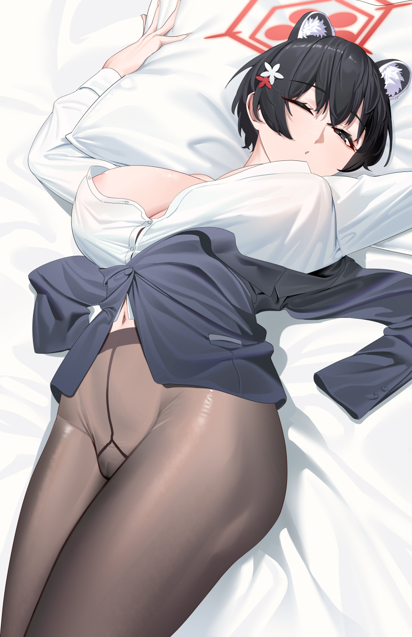 1girl absurdres animal_ear_fluff animal_ears areola_slip black_hair black_pantyhose blue_archive blush breasts collared_shirt doufu_(pixiv9093484) extra_ears halo highres large_breasts long_sleeves looking_at_viewer lying navel no_pants official_alternate_costume on_back on_bed open_clothes pantyhose pussy raccoon_ears raccoon_girl red_halo shirt short_hair sleepy solo tsubaki_(blue_archive) tsubaki_(guide)_(blue_archive) white_shirt