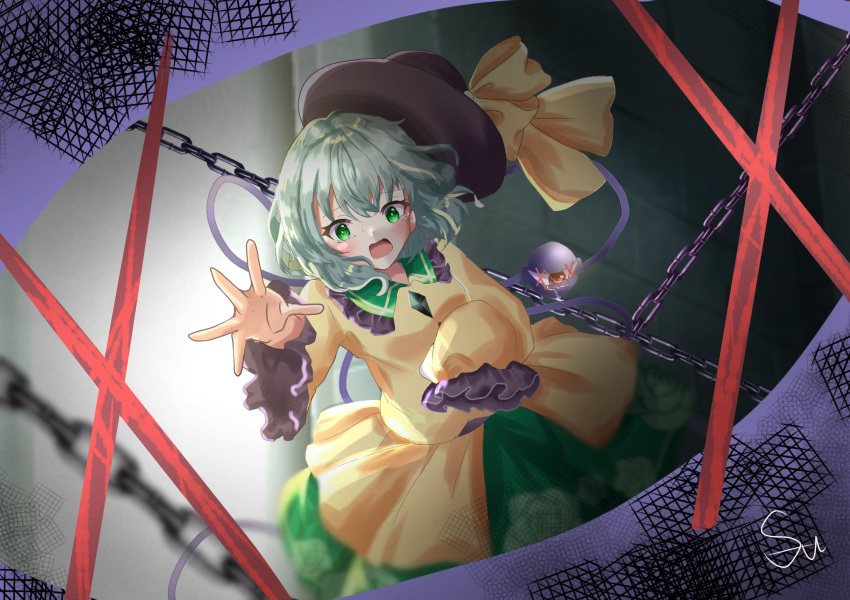 1girl black_hat bow breasts buttons chain crying crying_with_eyes_open diamond_button eyeball frilled_shirt_collar frilled_sleeves frills green_eyes green_hair green_skirt hat hat_bow hat_ribbon highres komeiji_koishi long_sleeves looking_at_viewer noibara_noy open_hand open_mouth outstretched_arm reaching reaching_towards_viewer ribbon shirt short_hair skirt sleeves_past_elbows sleeves_past_wrists solo standing tears third_eye touhou wide_sleeves yellow_bow yellow_ribbon yellow_shirt