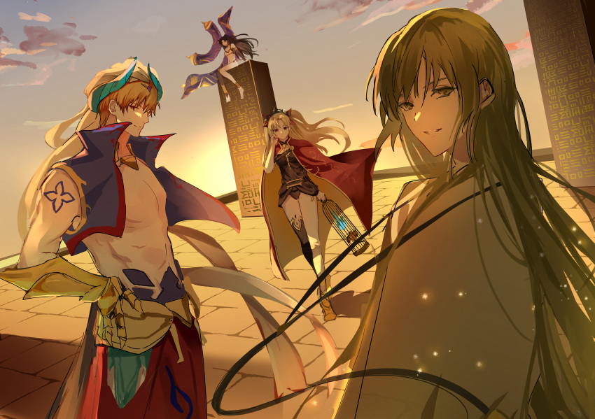 1boy 1other 2girls absurdres androgynous arabian_clothes asymmetrical_legwear asymmetrical_sleeves bare_shoulders black_hair blonde_hair bow breasts cage cloak cropped_vest dress earrings enkidu_(fate) ereshkigal_(fate) fate/grand_order fate_(series) gauntlets gilgamesh_(caster)_(fate) gilgamesh_(fate) green_eyes green_hair hair_between_eyes hair_bow hair_ribbon hat heavenly_boat_maanna highres holding holding_cage infinity_symbol ishtar_(fate) jewelry long_hair long_sleeves looking_at_viewer medium_breasts multiple_girls navel necklace ntk_jz parted_bangs red_cloak red_eyes red_ribbon ribbon robe short_hair single_gauntlet single_sleeve single_thighhigh skull skull_ornament smile solo spine tattoo thighhighs tiara toga turban two-sided_cloak two-sided_fabric two_side_up uneven_legwear very_long_hair vest white_robe yellow_cloak