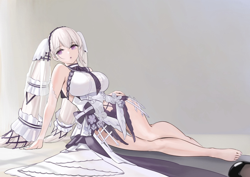 1girl :o arm_support armpit_crease azur_lane bare_shoulders barefoot black_necktie black_sailor_collar breasts bridal_gauntlets choker clothing_cutout commentary_request dress feet formidable_(azur_lane) formidable_(timeless_classics)_(azur_lane) grey_background grey_hair highres kotto-koto large_breasts legs long_hair lying navel navel_cutout necktie official_alternate_costume on_side open_mouth purple_eyes reclining ribbon_choker sailor_collar see-through see-through_sleeves shoes simple_background sleeveless sleeveless_dress solo thighs toes twintails unworn_shoes very_long_hair white_dress