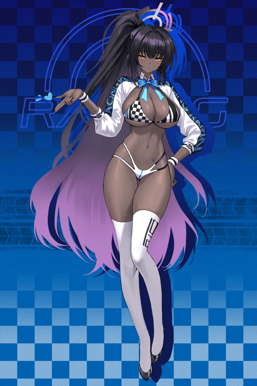 1girl alternate_costume ass_visible_through_thighs bikini black_hair blue_archive bow bowtie breasts checkered_bikini checkered_clothes cleavage closed_mouth dark-skinned_female dark_skin drop_shadow full_body gradient_hair halo halterneck hand_on_own_hip hand_up highres karin_(blue_archive) kyundoo large_breasts long_hair long_sleeves looking_at_viewer multi-strapped_bikini_bottom multicolored_hair navel ponytail purple_hair race_queen shrug_(clothing) solo stomach string_bikini swimsuit tattoo thigh_gap thighhighs thighs two-tone_bikini very_long_hair white_bikini white_shrug white_thighhighs wing_collar wristband yellow_eyes