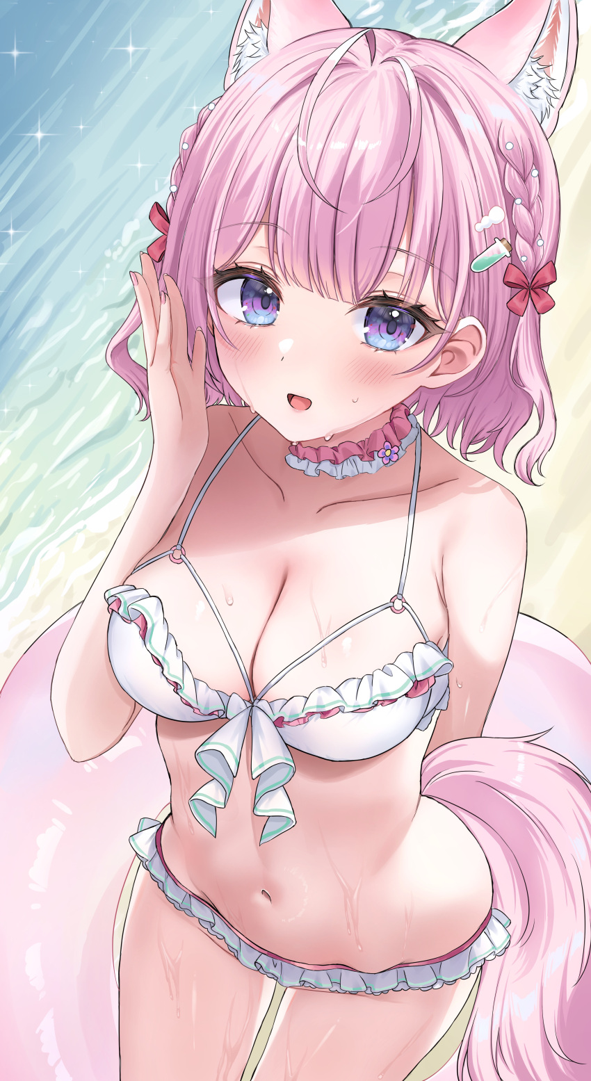 1girl absurdres animal_ear_fluff animal_ears antenna_hair bare_shoulders bikini blush braid breasts choker cleavage closed_mouth collarbone colored_inner_hair commentary_request extra_ears frilled_bikini frilled_choker frills hair_ornament hair_ribbon hakui_koyori hakui_koyori_(summer) hazumi071005 highres hololive innertube looking_at_viewer medium_hair multicolored_hair navel open_mouth pink_choker pink_hair pink_innertube pink_ribbon purple_eyes ribbon sand solo stomach swim_ring swimsuit tail thighs virtual_youtuber water white_bikini white_choker wolf_ears wolf_girl wolf_tail