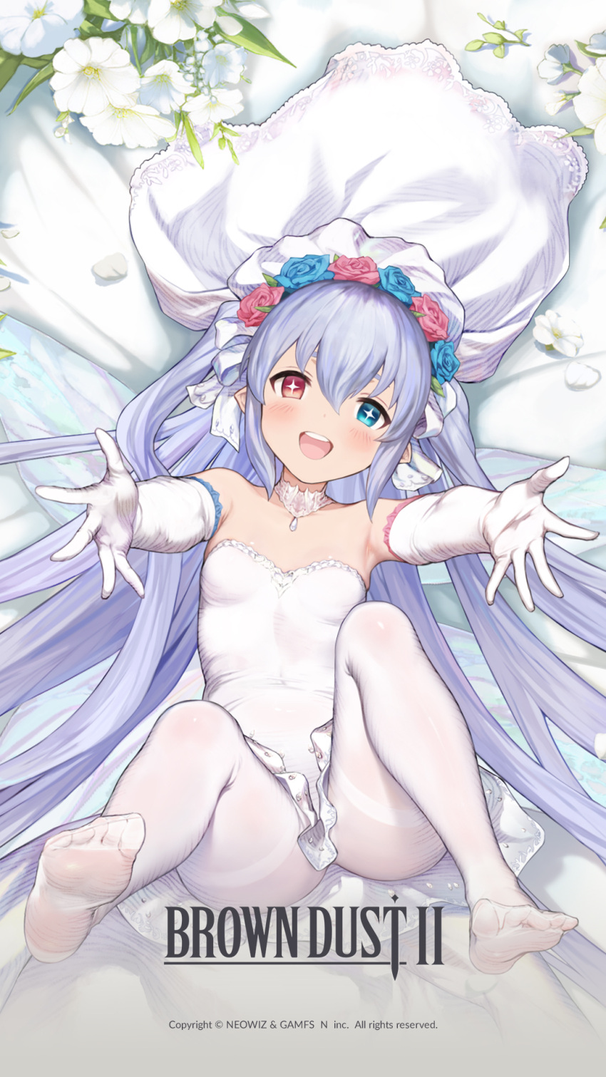 1girl armpits blue_eyes blush breasts bridal_veil bride brown_dust_2 butterfly_wings collar copyright_name dress elbow_gloves eyebrows_hidden_by_hair flower flower_wreath full_body gloves grey_hair hair_between_eyes head_wreath heterochromia highres insect_wings long_hair looking_at_viewer lying official_art official_wallpaper on_back open_mouth outstretched_arms pantyhose red_eyes refithea_(brown_dust) second-party_source small_breasts smile soles solo star-shaped_pupils star_(symbol) symbol-shaped_pupils teeth toes upper_teeth_only veil very_long_hair white_collar white_dress white_flower white_gloves white_pantyhose wings