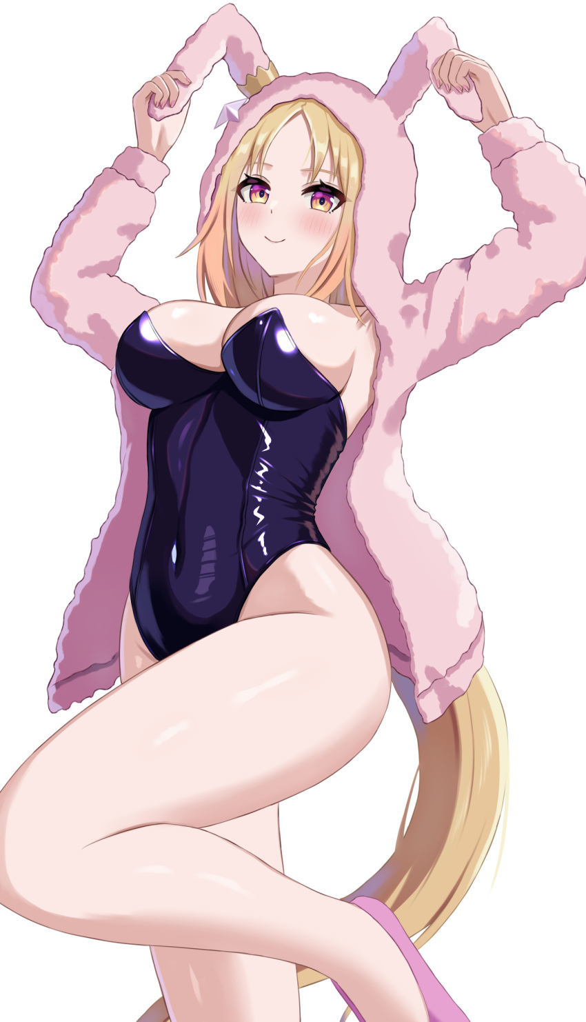 1girl absurdres animal_ear_hood animal_ears arms_up black_leotard blonde_hair blush breasts cleavage closed_mouth commentary_request covered_navel ear_covers fuji_noriho highres hood hoodie horse_ears horse_girl horse_tail large_breasts leotard long_hair long_sleeves looking_at_viewer narita_top_road_(umamusume) nontraditional_playboy_bunny parted_bangs pink_footwear pink_hoodie simple_background smile solo standing standing_on_one_leg strapless strapless_leotard tail umamusume white_background yellow_eyes