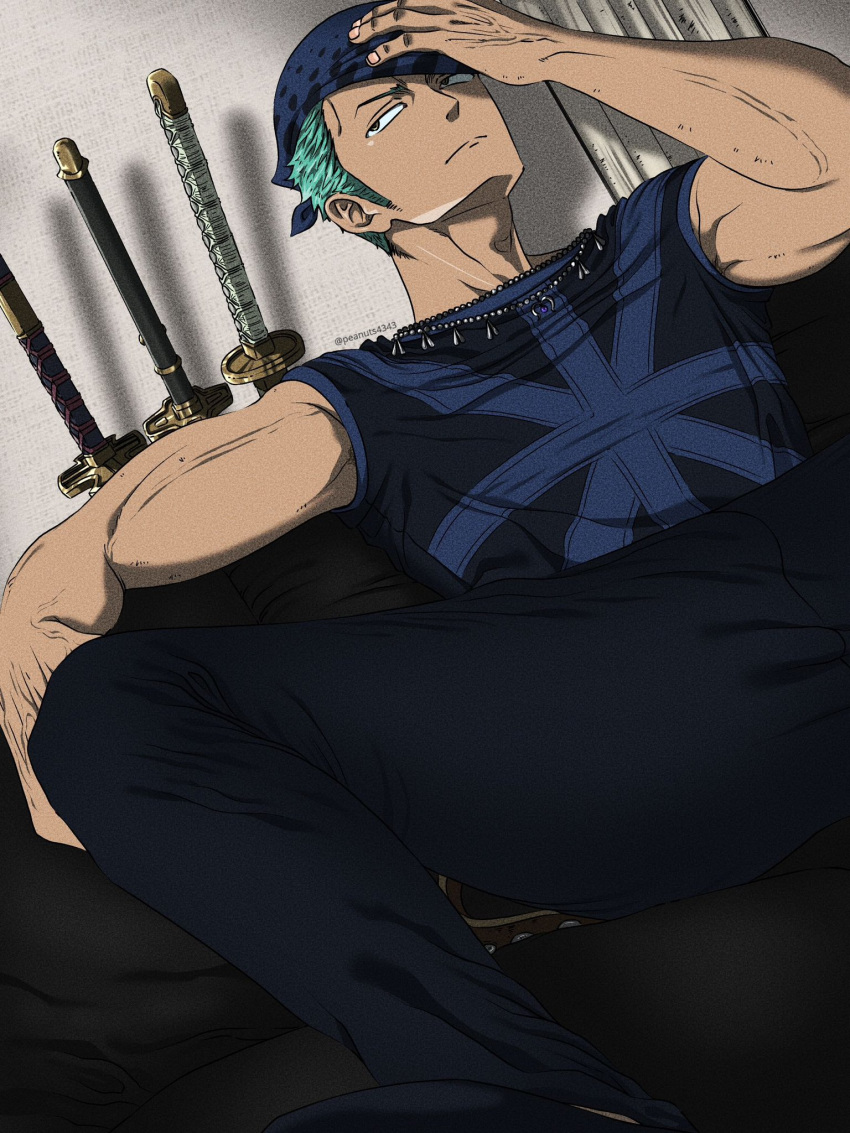 1boy armpit_hair armpit_hair_peek bandana bara couch from_below green_hair highres looking_to_the_side male_focus on_couch one_piece pants pinattsu roronoa_zoro scar scar_across_eye sheath sheathed shirt short_hair sitting sleeveless sleeveless_shirt solo spread_legs toned toned_male veins veiny_arms