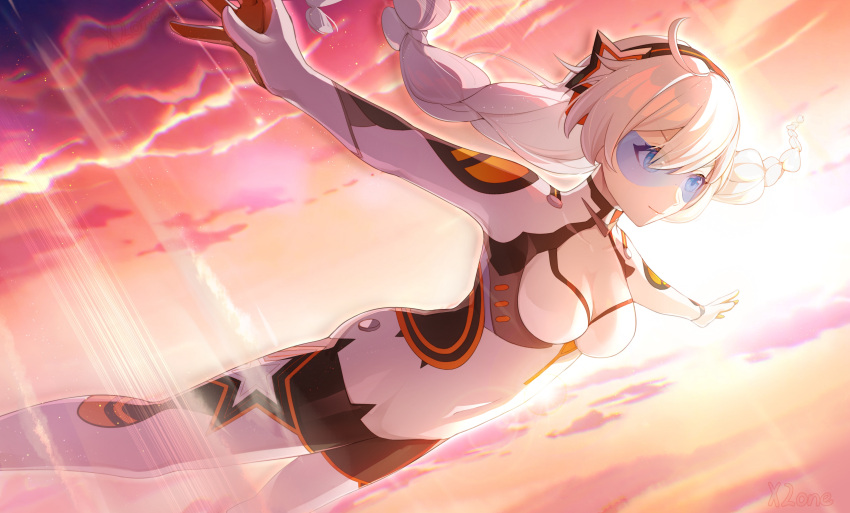 1girl absurdres ahoge antenna_hair blue_eyes bodysuit braid breasts chinese_commentary cleavage cleavage_cutout closed_mouth clothing_cutout cloud cloudy_sky hair_between_eyes hair_ornament hamilundenongdizhe highres honkai_(series) honkai_impact_3rd kiana_kaslana kiana_kaslana_(white_comet) long_hair medium_breasts outdoors outstretched_arms sky smile solo spread_arms sunset twin_braids white_bodysuit white_hair