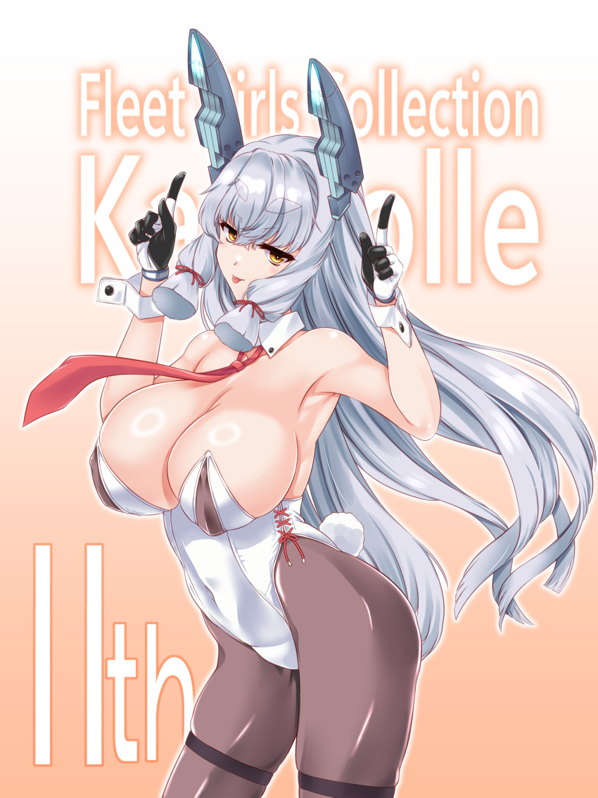 1girl :p absurdres adapted_costume aged_up alternate_breast_size breasts cowboy_shot detached_collar gloves hakkai highres kantai_collection large_breasts long_hair looking_at_viewer murakumo_(kancolle) necktie orange_eyes pantyhose playboy_bunny rabbit_tail red_necktie shiny_skin sidelocks solo tail thick_eyebrows thighband_pantyhose tongue tongue_out very_long_hair white_hair wrist_cuffs