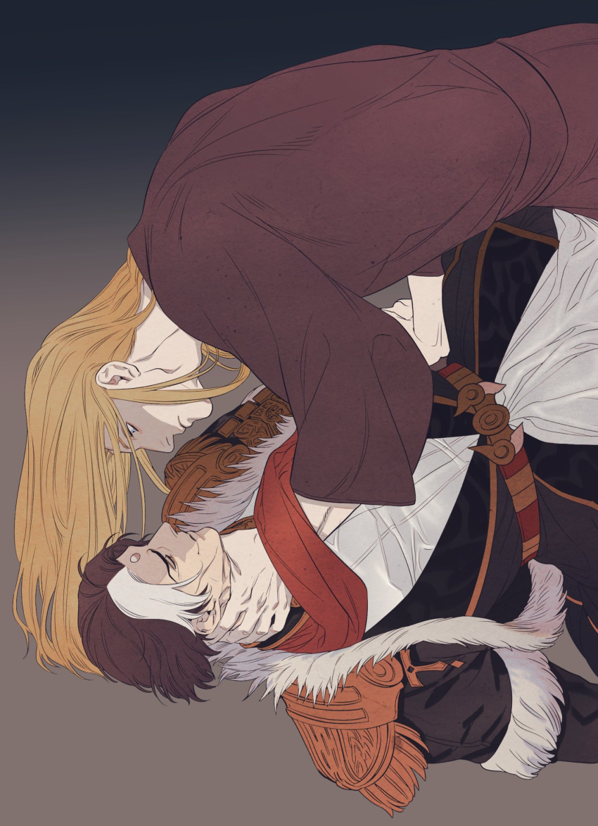 2boys 5altybitter5 black_coat blonde_hair blue_eyes closed_mouth coat emet-selch epaulettes final_fantasy final_fantasy_xiv highres long_hair long_sleeves multicolored_hair multiple_boys strangling streaked_hair third_eye zenos_yae_galvus