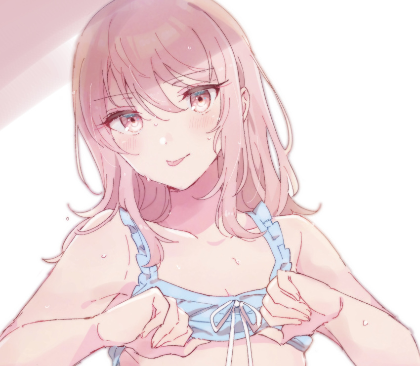 1other akiyama_mizuki blue_bra bra bra_lift highres long_hair looking_at_viewer pink_eyes pink_hair project_sekai sorimachi-doufu tongue tongue_out underwear undressing