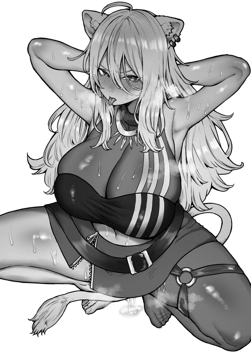 1girl absurdres animal_ear_fluff animal_ears armpits arms_behind_head belt blush breasts cleavage earrings embarrassed highres hololive inamimi_(sheep1733) jewelry large_breasts lion_ears lion_girl lion_tail long_hair looking_at_viewer monochrome navel pussy_juice shishiro_botan simple_background single_thighhigh skirt solo squatting sweat tail thighhighs tongue tongue_out virtual_youtuber white_background