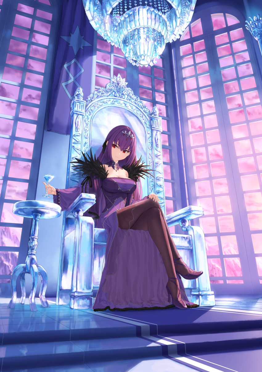 1girl bare_shoulders breasts brown_pantyhose chandelier cleavage cocktail_glass crossed_legs cup detached_collar dress drinking_glass fate/grand_order fate_(series) feather_trim high_heels highres jewelry kamo_ashi large_breasts long_hair long_sleeves looking_at_viewer pantyhose pendant purple_dress purple_hair red_eyes scathach_(fate) scathach_skadi_(fate) sitting solo throne tiara