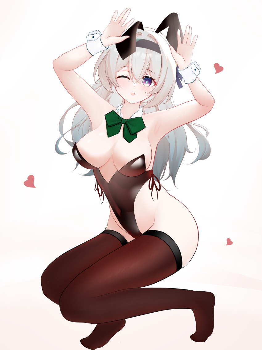 1girl ;d absurdres animal_ears armpits arms_up bare_arms bare_shoulders black_hairband black_leotard blush bow bowtie breasts brown_thighhighs commentary covered_navel detached_collar fake_animal_ears firefly_(honkai:_star_rail) green_bow green_bowtie grey_background grey_hair hair_intakes hairband highres honkai:_star_rail honkai_(series) knosdeba large_breasts leotard long_hair looking_at_viewer no_shoes one_eye_closed open_mouth playboy_bunny purple_eyes rabbit_ears simple_background smile solo strapless strapless_leotard thighhighs thighs very_long_hair wrist_cuffs