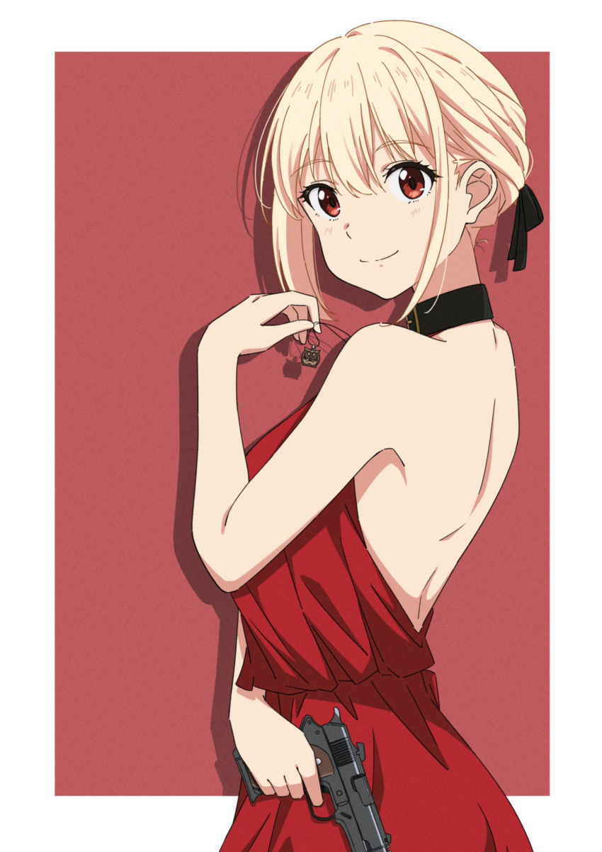 1girl backless_dress backless_outfit black_ribbon blonde_hair blush border breasts closed_mouth commentary dress finger_on_trigger gun hair_ribbon handgun highres holding holding_gun holding_weapon jewelry large_breasts looking_at_viewer lycoris_recoil necklace nishikigi_chisato red_dress ribbon ryuryu_7150 short_hair sidelocks sleeveless sleeveless_dress smile solo weapon white_border