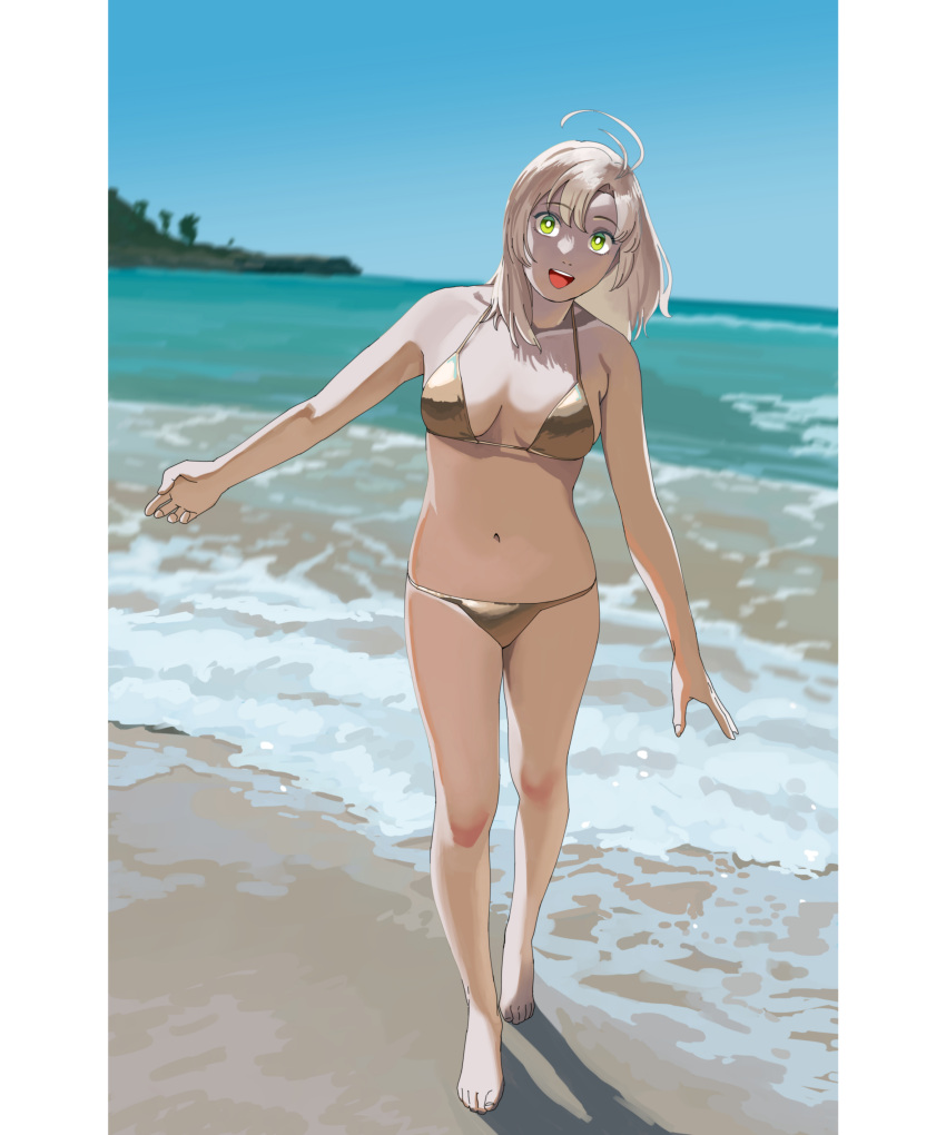 1girl absurdres ahoge alternate_costume bare_shoulders beach bikini blue_sky breasts cleavage commentary feet_out_of_frame gold_bikini green_eyes highres kantai_collection kinugasa_(kancolle) kinugasa_kai_ni_(kancolle) large_breasts long_hair mountain ocean ojipon open_mouth outdoors pink_hair sand side-tie_bikini_bottom sky smile solo string_bikini swimsuit symbol-only_commentary water