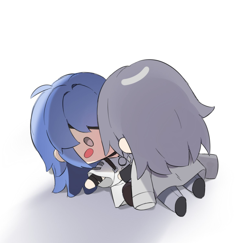 2girls bandaged_arm bandages black_bandages blue_hair blush_stickers chibi chief_(path_to_nowhere) coat coat_on_shoulders commentary_request earrings eyepatch female_chief_(path_to_nowhere) grey_coat grey_eyes hecate_(path_to_nowhere) highres jewelry korean_commentary long_hair multiple_girls one_eye_covered path_to_nowhere sappazell shadow shirt simple_background skirt solo white_background white_shirt white_skirt