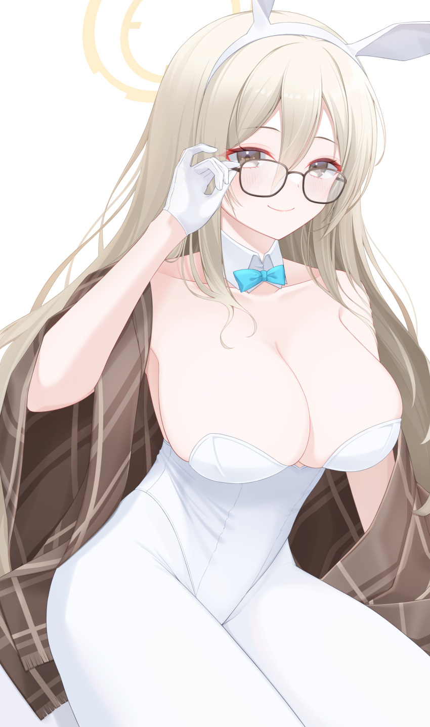 1girl absurdres adjusting_eyewear akane_(blue_archive) akane_(bunny)_(blue_archive) animal_ears aqua_bow aqua_bowtie black-framed_eyewear blue_archive bow bowtie breasts brown_eyes cleavage collarbone detached_collar dot_nose eyeliner fake_animal_ears glasses gloves hair_between_eyes highres huge_breasts leotard light_blush light_smile looking_at_viewer makeup pantyhose plaid_shawl playboy_bunny puni_(yuuki-0215) rabbit_ears red_eyeliner shawl simple_background sitting solo white_background white_gloves white_leotard white_pantyhose