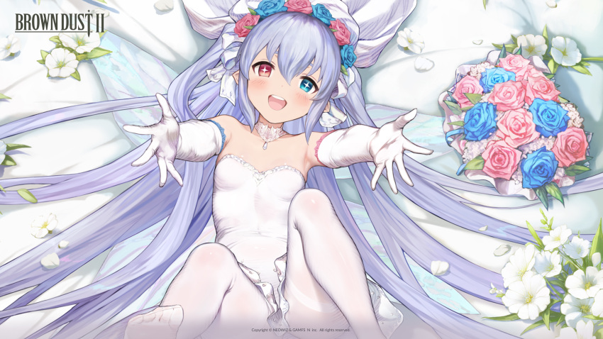 1girl absurdres armpits blue_eyes blue_flower blush bouquet breasts bridal_veil bride brown_dust_2 butterfly_wings collar copyright_name dress elbow_gloves eyebrows_hidden_by_hair flower flower_wreath gloves grey_hair hair_between_eyes head_wreath heterochromia highres insect_wings long_hair looking_at_viewer lying official_art official_wallpaper on_back open_mouth outstretched_arms pantyhose pink_flower red_eyes refithea_(brown_dust) second-party_source small_breasts smile soles solo star-shaped_pupils star_(symbol) symbol-shaped_pupils teeth toes upper_teeth_only veil very_long_hair white_collar white_dress white_flower white_gloves white_pantyhose wings