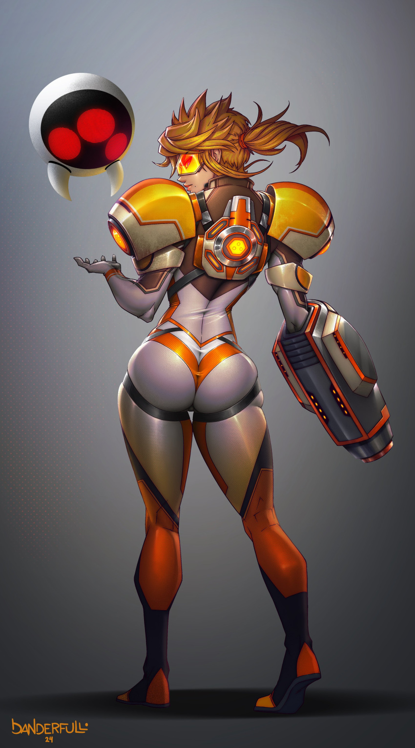 1girl absurdres arm_cannon ass assault_visor blonde_hair bodysuit danderfull fusion highres long_hair looking_at_viewer metroid mole mole_under_mouth orange_bodysuit orange_goggles overwatch ponytail samus_aran skin_tight solo spiked_hair tracer_(overwatch) weapon