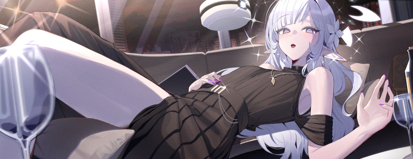 1girl alternate_costume armpits bare_shoulders black_dress blue_archive breasts commentary couch cup dress drinking_glass fingernails flower hair_flower hair_ornament halo highres himari_(blue_archive) indoors jewelry leg_up looking_at_viewer nail_polish necklace off-shoulder_dress off_shoulder on_couch open_mouth pointy_ears purple_eyes purple_nails small_breasts solo sparkling_aura symbol-only_commentary white_flower white_halo zanya_000