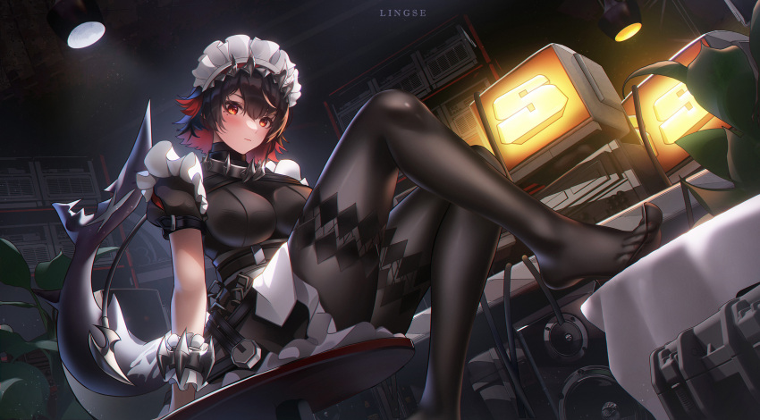 1girl artist_name black_hair black_pantyhose blush breasts chair ellen_joe fins fish_tail frilled_wrist_cuffs frills hair_between_eyes highres knee_up large_breasts ling_dianxia looking_at_viewer maid maid_headdress multicolored_hair nail_polish pantyhose red_eyes red_hair red_nails shark_tail short_hair sitting solo table tablecloth tail toenail_polish toenails toes two-tone_hair unconventional_maid wrist_cuffs zenless_zone_zero