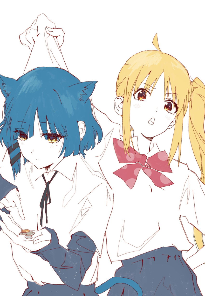 2girls ahoge animal_ears black_ribbon black_skirt black_sleeves blonde_hair bloom_into_me15 bocchi_the_rock! bow bowtie cat_ears cat_girl cat_tail coin collared_shirt counting_money cowboy_shot highres holding holding_coin ijichi_nijika kemonomimi_mode layered_sleeves lifting_person light_blush long_hair long_sleeves looking_at_another mole mole_under_eye multiple_girls neck_ribbon open_mouth orange_eyes polka_dot_bowtie red_bow red_bowtie ribbon shirt shirt_grab shirt_tucked_in short_hair short_over_long_sleeves short_sleeves side_ponytail simple_background skirt standing tail white_background white_shirt yamada_ryo yellow_eyes