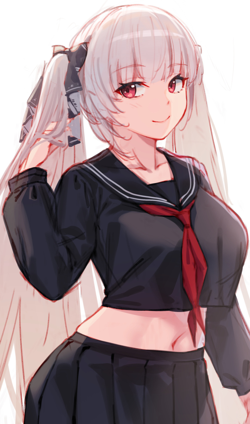 1girl absurdres azur_lane black_ribbon black_sailor_collar black_shirt black_skirt closed_mouth crop_top formidable_(azur_lane) formidable_(the_lover's_heart_flutters_on_duty)_(azur_lane) hair_ribbon highres kimi_tsuru light_brown_hair long_hair long_sleeves looking_at_viewer midriff navel neckerchief official_alternate_costume pleated_skirt red_eyes red_neckerchief ribbon sailor_collar school_uniform shirt simple_background skirt smile solo stomach two-tone_ribbon very_long_hair white_background white_ribbon