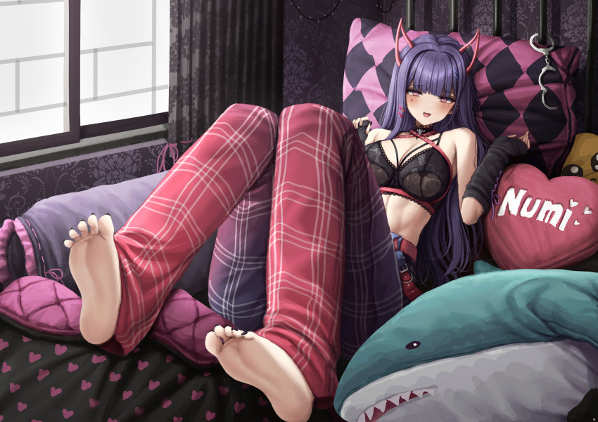1girl absurdres akuma_nihmune arm_warmers barefoot bed belt black_nails bra breasts cuffs curtains demon_horns emoji eyebrows_visible_through_hat feet handcuffs heart heart-shaped_pillow highres horns ikea_shark indie_virtual_youtuber large_breasts lobsteranian long_hair nail_polish on_bed open_mouth pants pillow pink_eyes plaid plaid_pants purple_hair soles stuffed_animal stuffed_shark stuffed_toy toenail_polish toenails underwear virtual_youtuber window