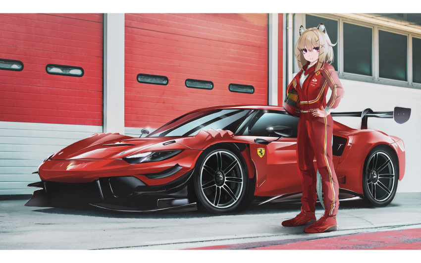 1girl absurdres animal_ear_fluff animal_ears arknights breasts car cat_ears cat_girl ferrari garage hair_ornament hand_on_own_hip helmet highres holding holding_helmet jumpsuit long_sleeves looking_at_viewer motor_vehicle nougat_(73r1r1) purple_eyes red_footwear red_helmet red_jumpsuit shoes solo spoiler_(automobile) sports_car utage_(arknights) vehicle_focus x_hair_ornament