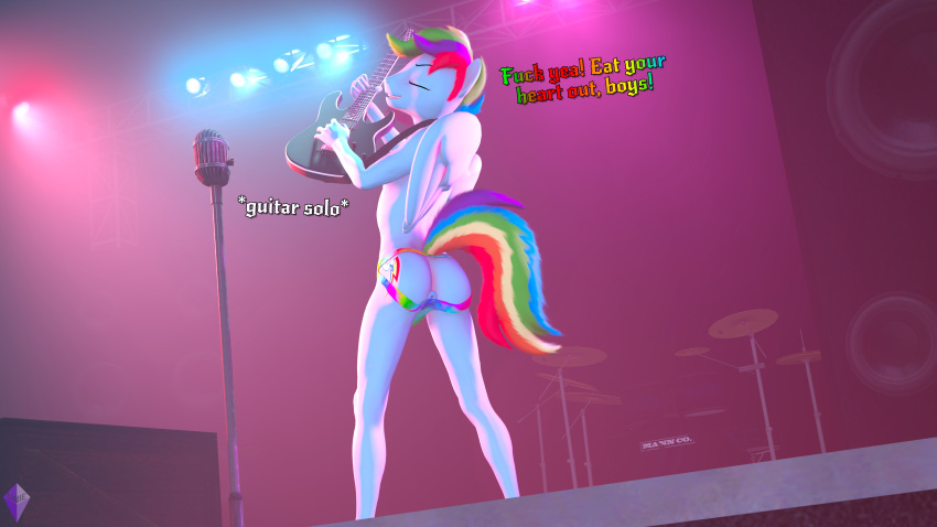 3d_(artwork) absurd_res anthro anthrofied anus blue_body blue_fur butt clothing dialogue digital_media_(artwork) electric_guitar english_text equid equine eyes_closed friendship_is_magic fur guitar hasbro head_tuft hi_res jockstrap mammal multicolored_tail musical_instrument my_little_pony mythological_creature mythological_equine mythology pegasus plucked_string_instrument puffy_anus rainbow_dash_(mlp) rainbow_tail speaker stage standing string_instrument tail text tuft underwear unie wings