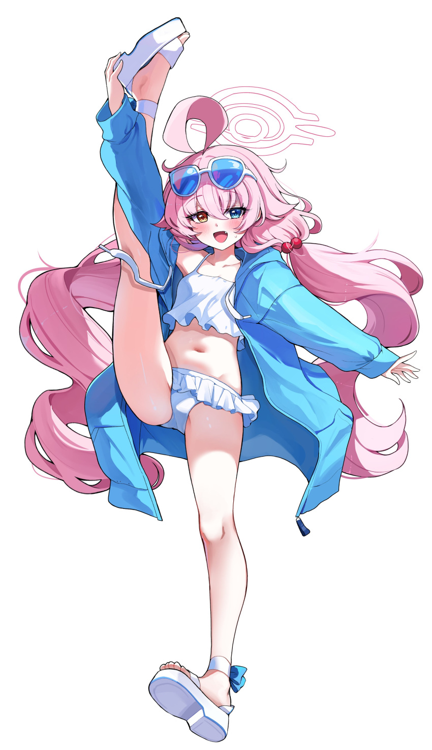 1girl :d absurdres blue_archive blue_eyes full_body heterochromia highres hoshino_(blue_archive) hoshino_(swimsuit)_(blue_archive) kneepits looking_at_viewer navel open_mouth pink_hair sak_(lemondisk) simple_background smile solo split standing standing_on_one_leg standing_split swimsuit tagme white_background yellow_eyes