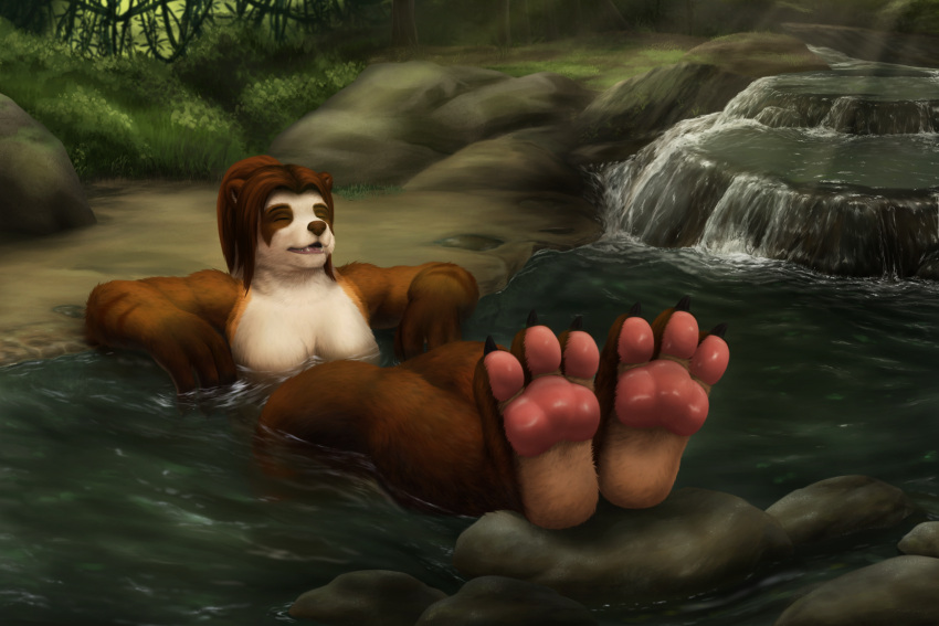 3_toes 4_fingers anthro bear blizzard_entertainment breasts brown_body brown_fur brown_hair claws countershade_feet countershade_hands countershading covered_breasts creek eyes_closed facial_markings feet feet_up female fingers flowing_water foot_focus fur glistening glistening_pawpads grass hair hands_in_water head_markings hi_res legs_up mammal markings open_mouth pandaren partially_submerged pawpads paws pink_pawpads plant ponytail red_pandaren rock sidmonthebear sigh sighing soles solo striped_body striped_fur stripes tan_body tan_fur teeth teeth_showing tiya_shortclaw toe_claws toe_pads toes vines warcraft water