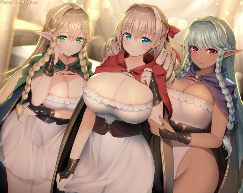 aqua_hair blonde_hair blue_eyes blush braid braided_sidelock breasts cameltoe cleavage cloak dark-skinned_female dark_elf dark_skin dress drill_hair elf eltolinde_(unicorn_overlord) green_cloak green_eyes hair_intakes hair_ribbon highres kashiwamochi_yomogi large_breasts leotard long_hair pointy_ears purple_cloak ribbon rosalinde_(unicorn_overlord) scarlett_(unicorn_overlord) see-through see-through_dress siblings side_braids sisters smile unicorn_overlord variant_set very_long_hair white_leotard