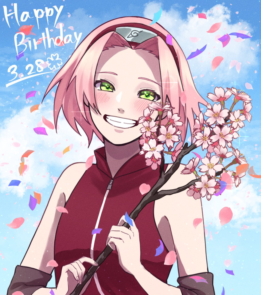 1girl black_wristband blue_sky blush branch cherry_blossoms green_eyes grin happy_birthday haruno_sakura headband highres holding holding_branch looking_at_viewer name_connection naruto_(series) naruto_shippuuden object_namesake pink_hair pnpk_1013 red_shirt shirt short_hair sky sleeveless sleeveless_shirt smile solo upper_body zipper