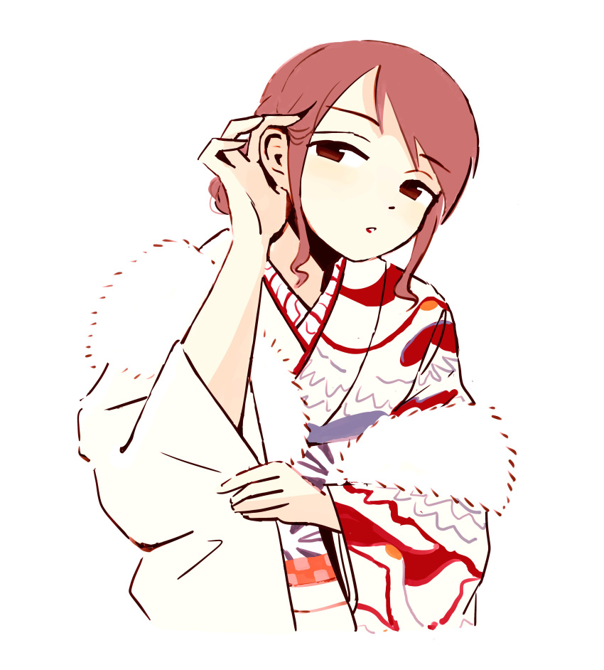 1girl absurdres alternate_costume clothes_grab cropped_legs feather_boa hair_bun half-closed_eyes highres idolmaster idolmaster_cinderella_girls iwashi_iwashimo japanese_clothes kimono long_sleeves looking_at_viewer mifune_miyu parted_lips print_kimono red_eyes red_hair short_hair sidelocks simple_background single_hair_bun sleeve_grab solo swept_bangs tucking_hair white_background white_kimono wide_sleeves