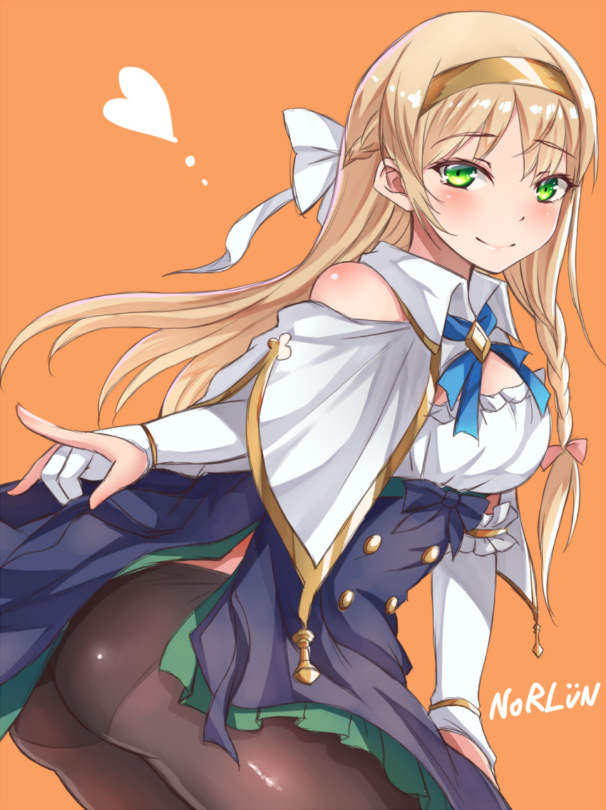 1girl ass atelier_(series) atelier_ryza bare_shoulders blonde_hair blush bow breasts capelet closed_mouth clothes_lift come_hither commentary_request dress gloves gold_hairband green_eyes hair_bow hairband heart highres kazetuki klaudia_valentz large_breasts long_hair looking_at_viewer orange_background panties panties_under_pantyhose pantyhose partially_fingerless_gloves shiny_skin sideboob simple_background skirt skirt_lift smile solo third-party_source underwear white_bow white_capelet