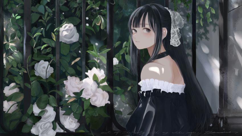1girl absurdres bare_shoulders black_choker black_dress black_eyes black_hair blunt_bangs choker closed_mouth dappled_sunlight dress english_commentary fence flower head_scarf highres junito715 lace leaf long_hair looking_at_viewer original rose signature solo strapless strapless_dress sunlight upper_body white_flower white_rose