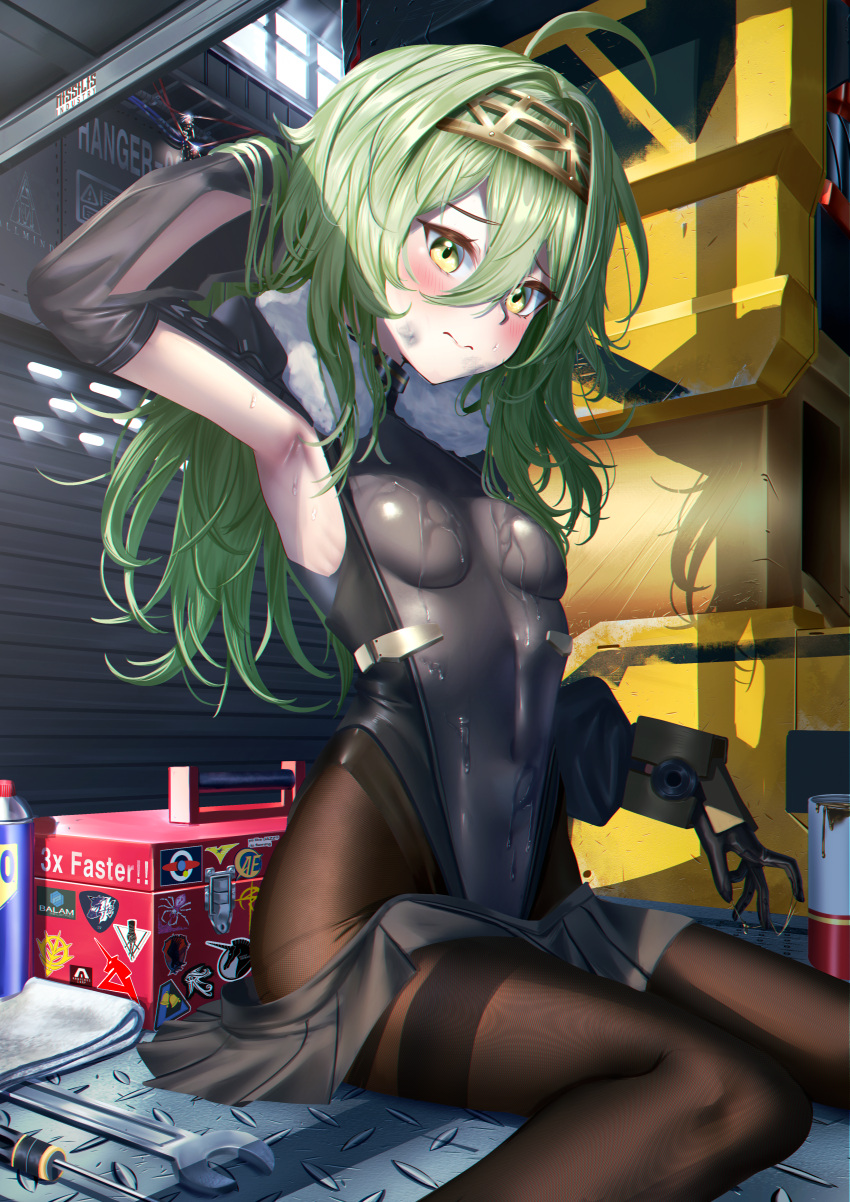 1girl absurdres arm_behind_head armored_gloves armpits belt_pouch black_bodysuit black_ribbon black_skirt blush bodysuit breasts covered_navel fur_collar goddess_of_victory:_nikke green_hair hair_ribbon hairband highres kilo_(nikke) long_hair long_sleeves looking_at_viewer manjo_(warito) pouch ribbon sitting skin_tight skirt small_breasts solo sweat wavy_mouth wrench yellow_eyes