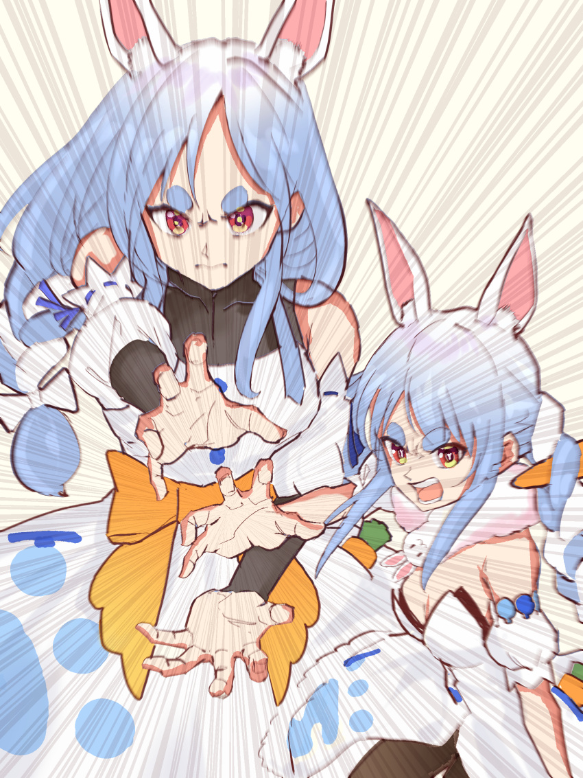 2girls absurdres animal_ears azuma_(azmdraw) blue_hair breasts dragon_ball dragon_ball_z dress emphasis_lines highres hololive long_hair mother_and_daughter multicolored_hair multiple_girls pekomama rabbit_ears rabbit_girl red_eyes scene_reference serious small_breasts strapless strapless_dress thick_eyebrows two-tone_hair usada_pekora white_dress white_hair