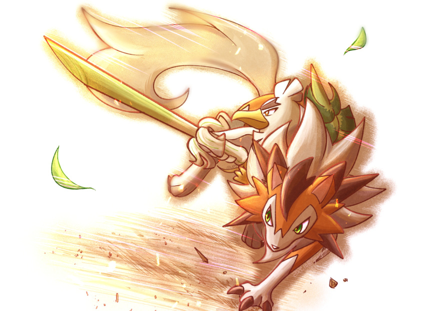 animal_focus bird brown_eyes claws duck food green_eyes holding holding_food holding_vegetable leaf lycanroc lycanroc_(dusk) no_humans pokemon pokemon_(creature) riding running shuri_(syurigame) sirfetch'd spring_onion thick_eyebrows v-shaped_eyebrows vegetable wolf