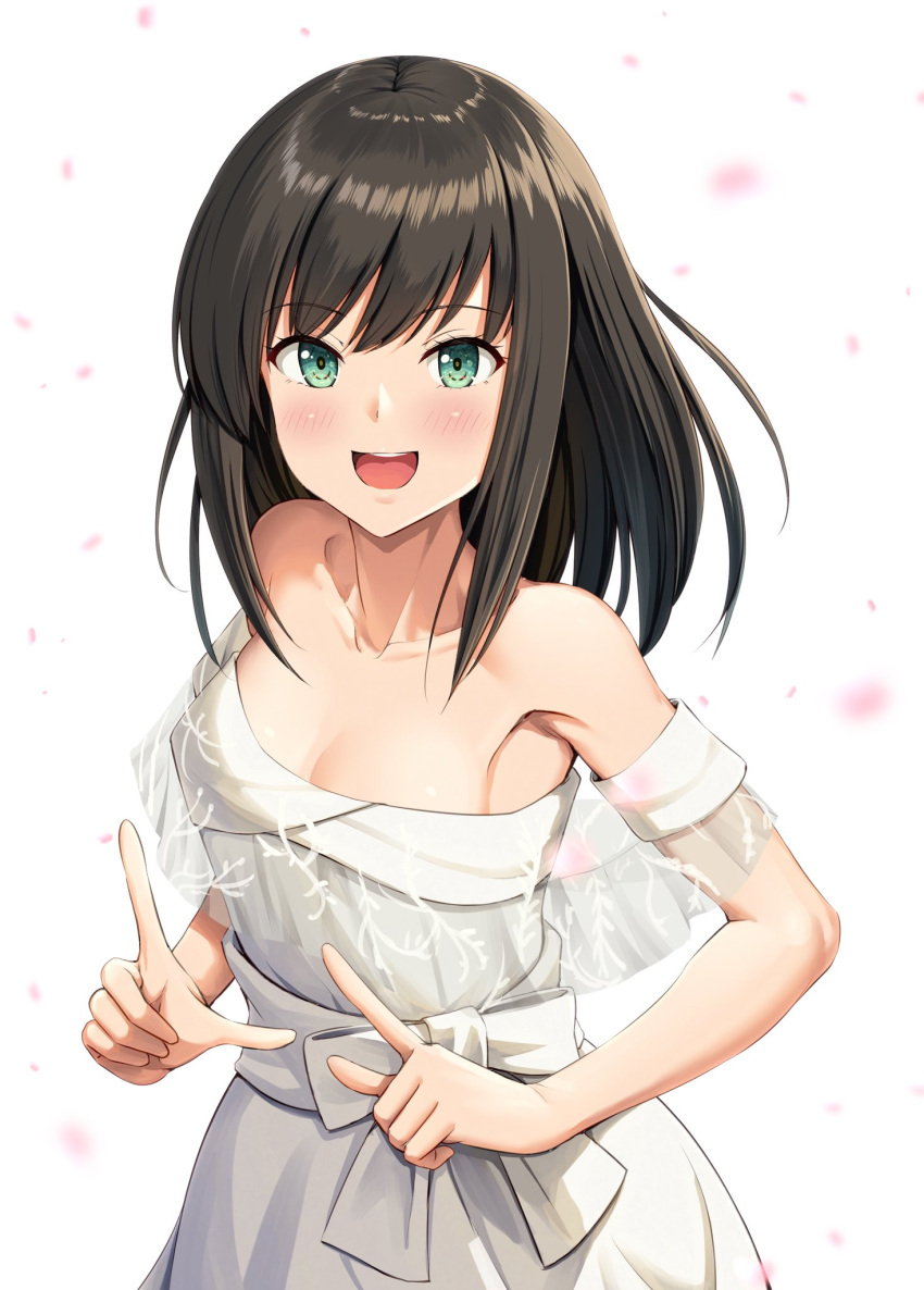 1girl :d anniversary bare_shoulders breasts collarbone commentary_request dress falling_petals fubuki_(kancolle) green_eyes happy_anniversary highres ichikawa_feesu index_finger_raised kantai_collection looking_at_viewer off-shoulder_dress off_shoulder official_alternate_costume petals small_breasts smile solo tagme white_background white_dress