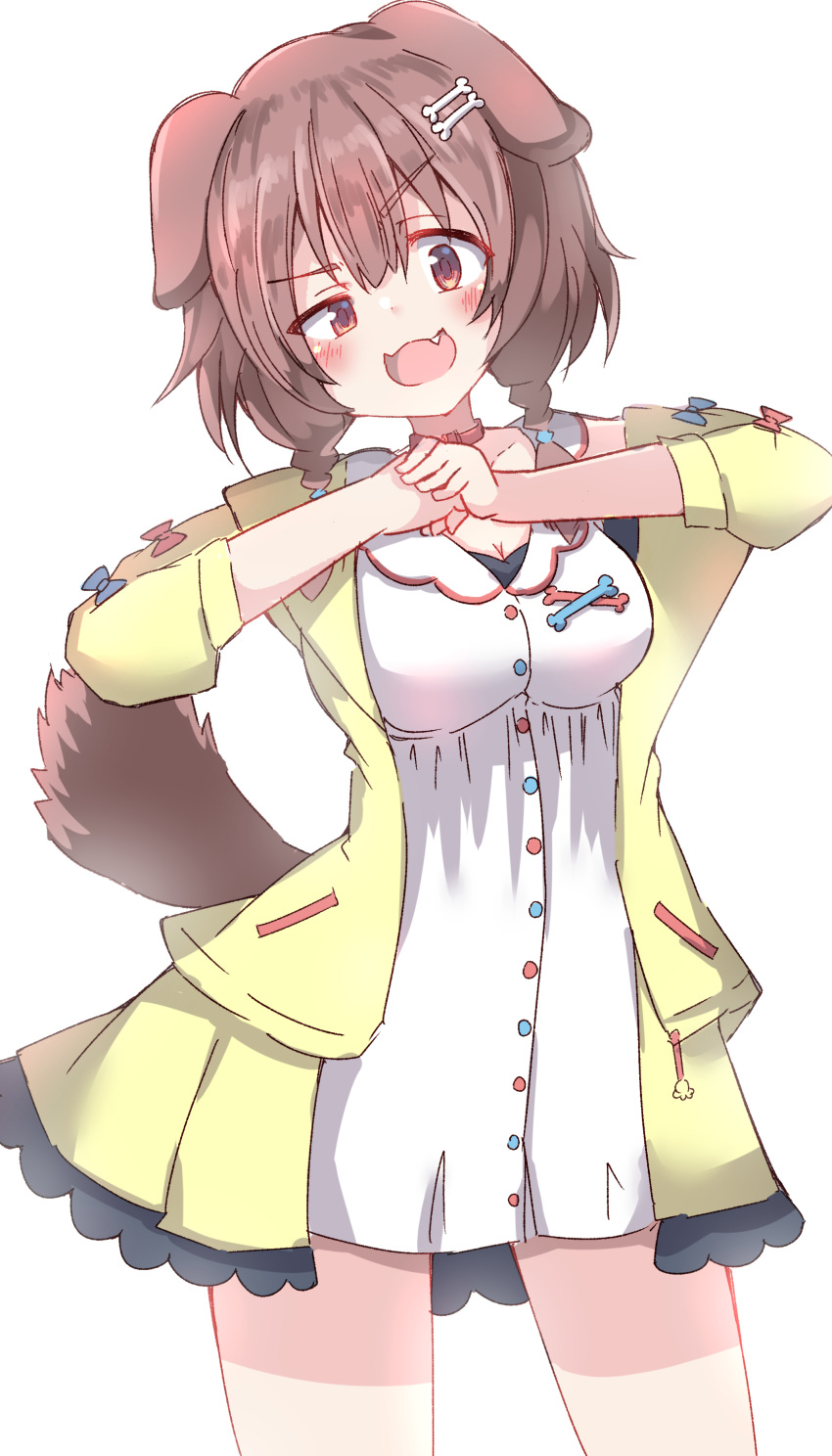 1girl :d absurdres animal_ears blue_bow blush bone_hair_ornament bow braid breasts brown_eyes brown_hair cartoon_bone cleavage collarbone commentary_request cracking_knuckles dog_ears dog_girl dog_tail dress fang hair_between_eyes hair_ornament hair_over_shoulder half-closed_eye highres hololive inugami_korone jacket long_sleeves low_twintails medium_breasts open_clothes open_jacket puffy_long_sleeves puffy_sleeves red_bow simple_background smile solo standing tail twin_braids twintails umberblack uneven_eyes v-shaped_eyebrows virtual_youtuber white_background white_dress yellow_jacket