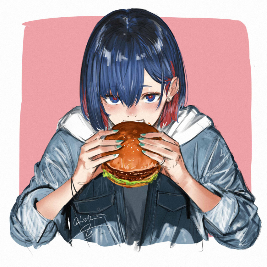 1girl alternate_costume blue_eyes blue_hair blue_nails blush border burger colored_inner_hair commentary cropped_torso denim denim_jacket earrings eating food food_on_face hair_behind_ear hands_up highres holding holding_food hood hood_down hoodie isshiki_(ffmania7) jacket jacket_over_hoodie jewelry kamitsubaki_studio looking_at_viewer multicolored_eyes multicolored_hair open_clothes open_jacket pink_background red_eyes red_hair rim_(kamitsubaki_studio) ring short_hair simple_background sleeves_past_elbows sleeves_rolled_up solo stud_earrings symbol-only_commentary upper_body white_border white_hoodie yellow_pupils