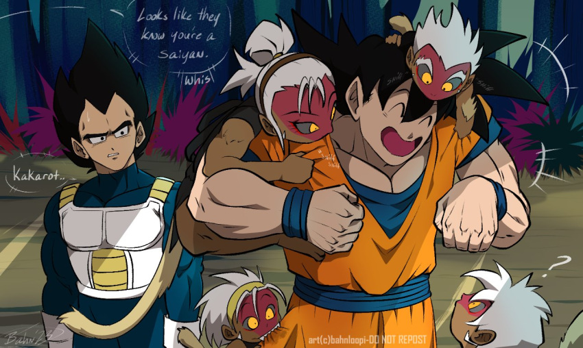 1girl 5boys ^_^ alternate_universe bahnloopi biting biting_clothes black_eyes black_hair blue_shirt child closed_eyes colored_sclera colored_skin concept_art dark-skinned_female dark-skinned_male dark_skin dougi dragon_ball dragon_ball_super grey_sclera hairband jungle martial_arts_belt multiple_boys nature orange_tunic orange_uniform out_of_frame purple_leaves red_skin saiyan shirt signature smelling smelling_clothes smile son_goku spiked_hair sweatdrop talking thick_eyebrows topknot tree vegeta whis white_hair wristband yellow_eyes yellow_fur